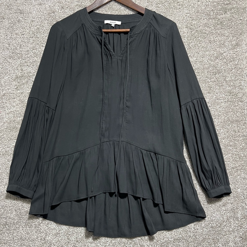 Ro & De Black Flowy Boho Tunic Blouse Tie Front Ruffle Bottom Sheer Size XS